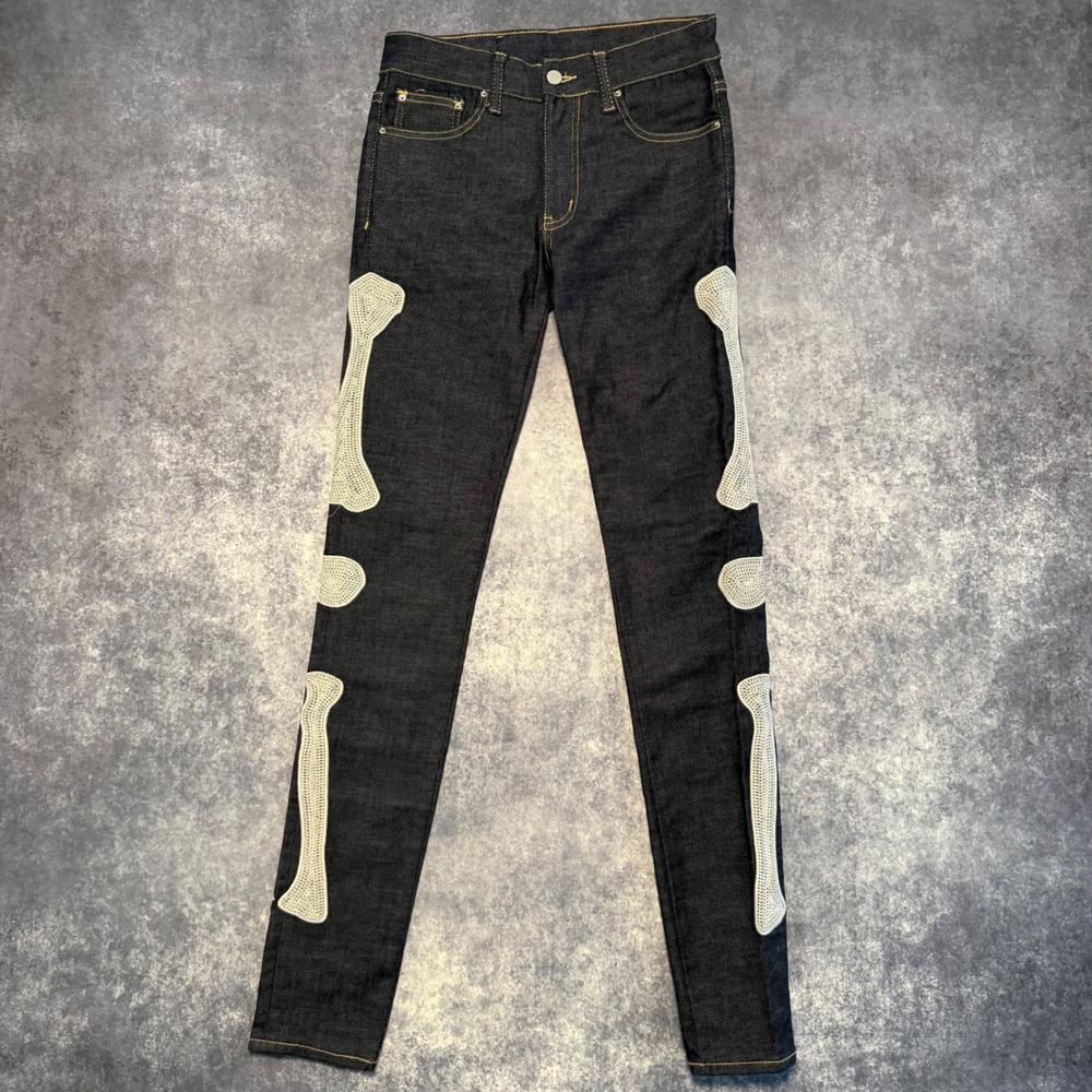 mnml Skeleton Bone Patch Jeans Men 28 Skinny Stretch Raw Indigo Denim Streetwear
